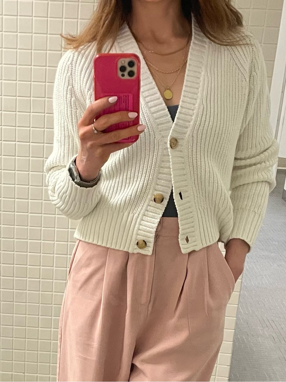 White + Warren Cream Ribbed V‑Neck Button Cardigan